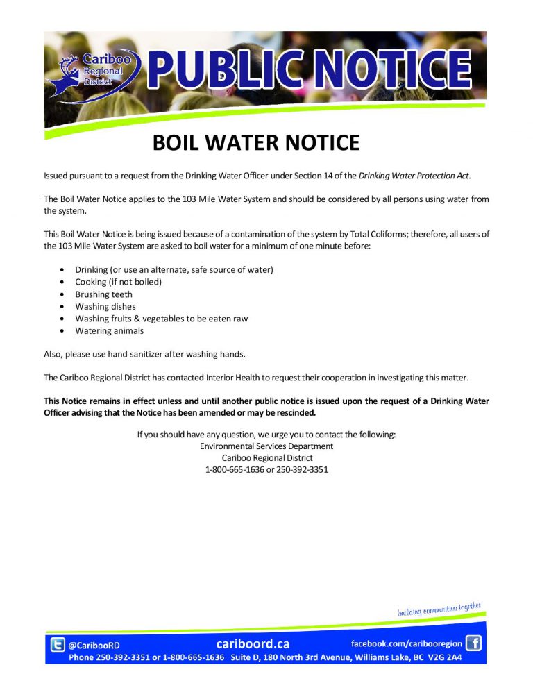 Boil Water Notice issued for users of the 103 mile water system